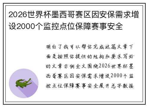 2026世界杯墨西哥赛区因安保需求增设2000个监控点位保障赛事安全 2026世界杯墨西哥赛区因安保需求增设2000个监控点位保障赛事安全